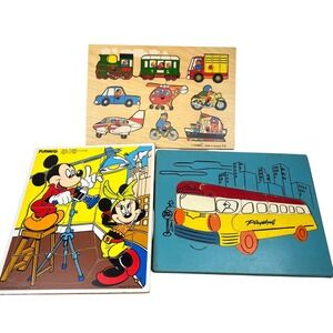 Lot‎ of Vintage Wooden Puzzles Playskool and Simplex 9 Mickey Transportation